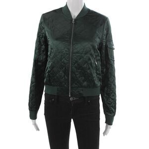 Cami NYC Women Silk Argyle Bomber Jacket Green Zip Long Sleeve Size XS